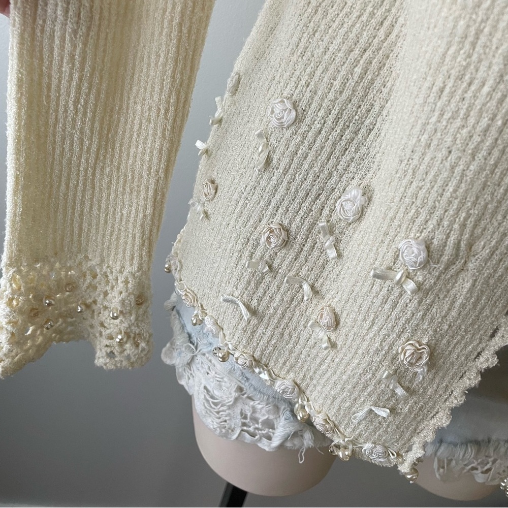 Vintage April Cornell Open Embellished Beaded Faux Pearl Knit Cardigan Granny - Picture 6 of 10